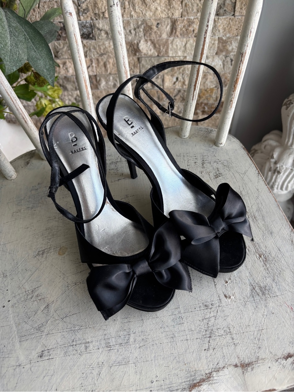 Bakers Black Satin Bow Ankle-Strap Peep-Toe Heels with Stiletto